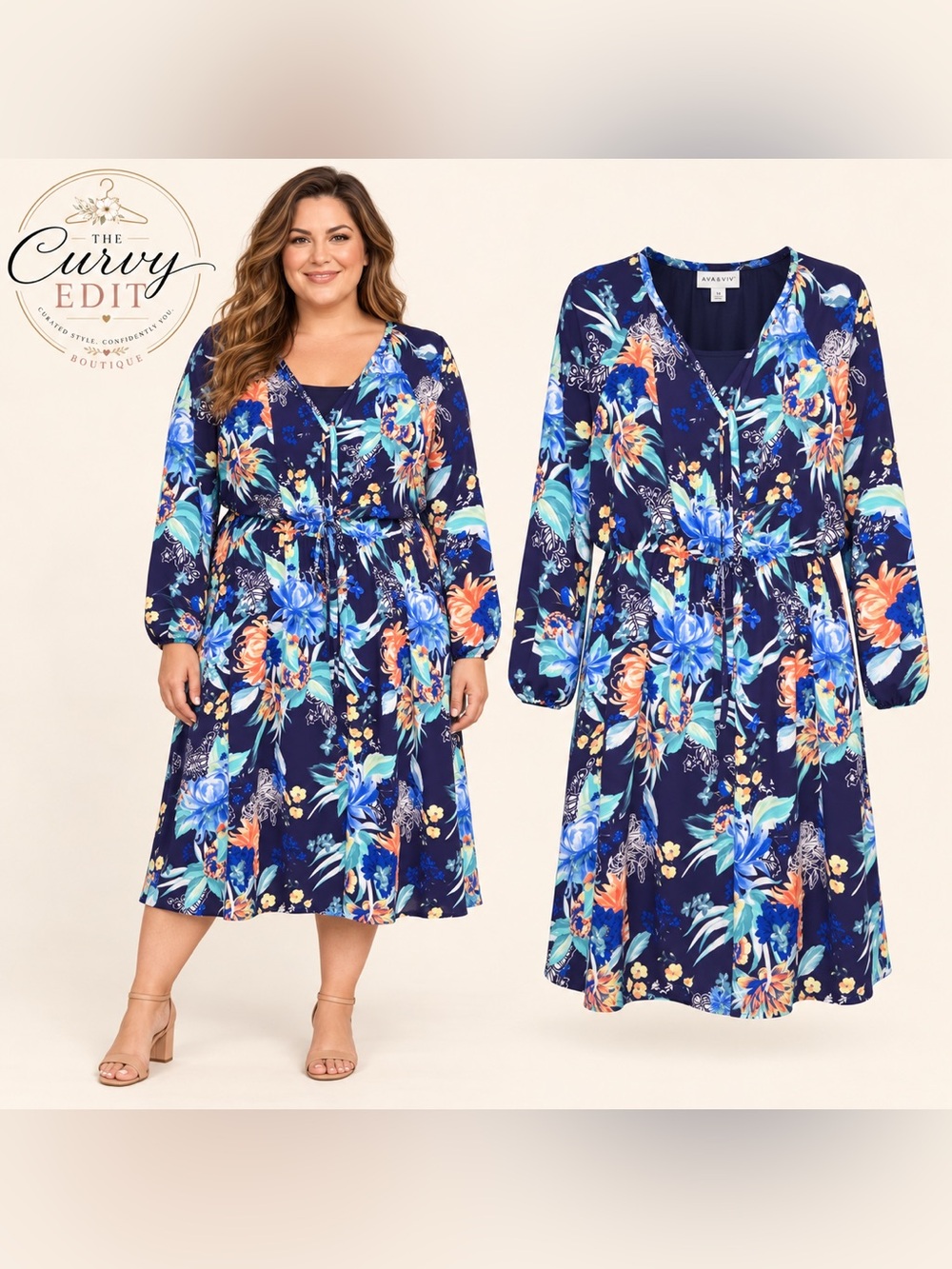 Ava & Viv 1X Navy Bold Floral Midi Dress Elevated Boho